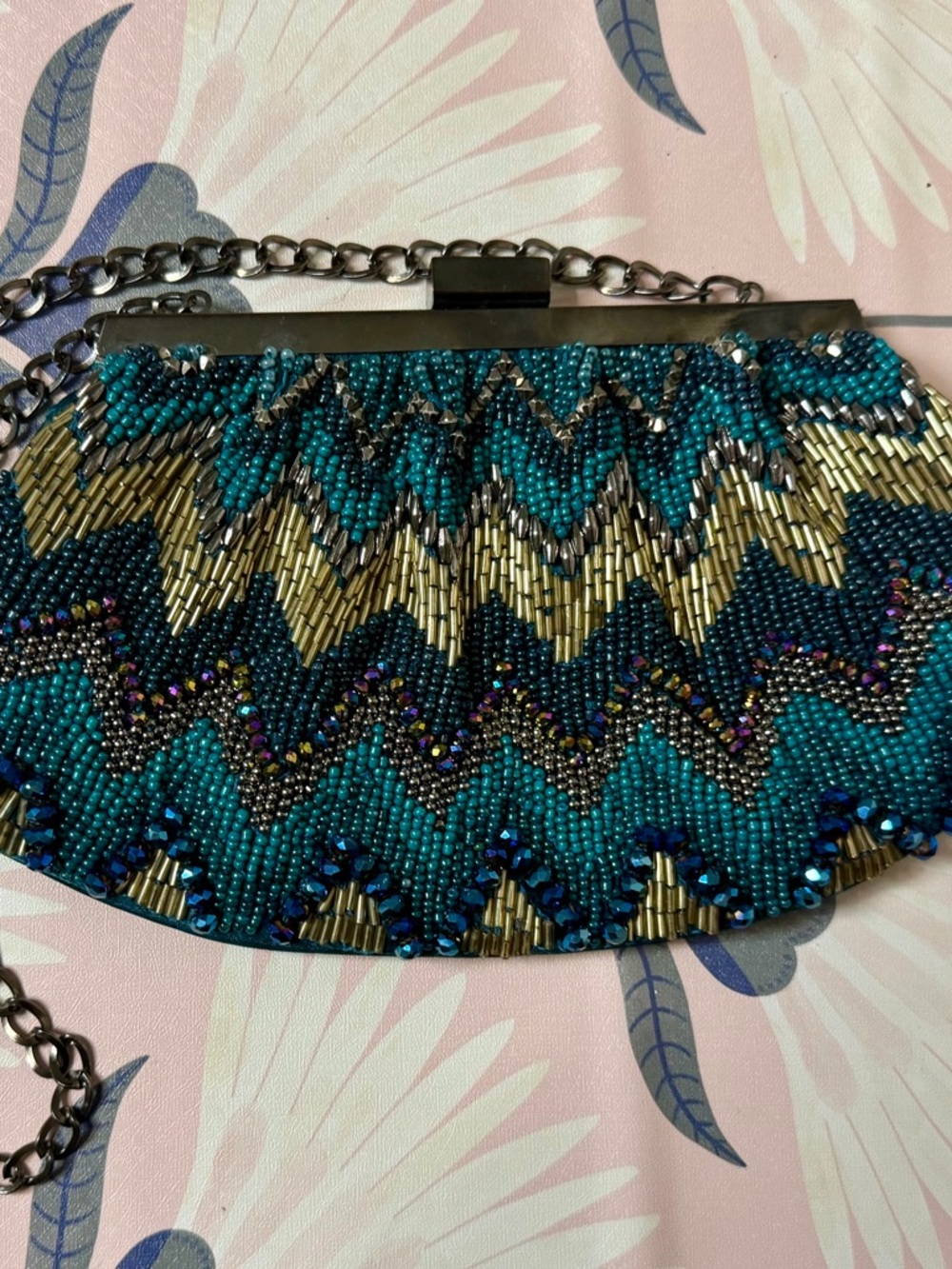 Source Unknown Teal and Gold Beaded Evening Clutch